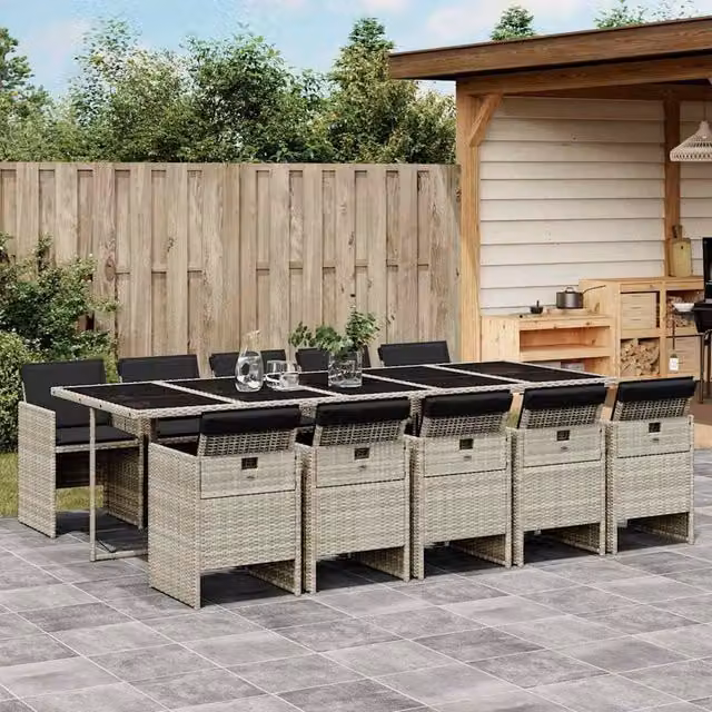 Berkfield Home 11 Piece Modern Grey Poly Rattan Garden Dining Set with Glass Table and Cushions
