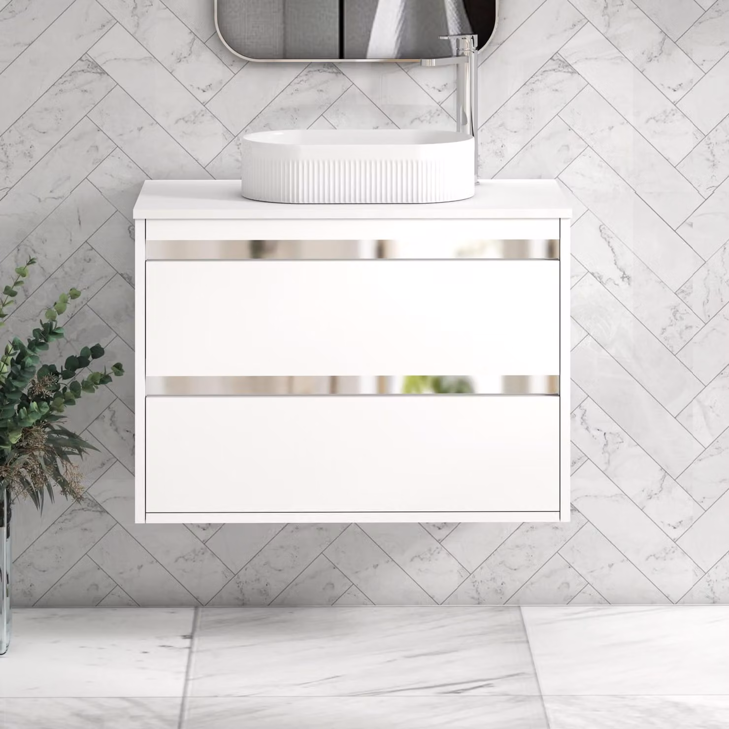 Royal Bathrooms Orion 800mm Matt White Wall Hung 2 Drawer Vanity Unit with Lyon Basin and Chrome Accent Trim
