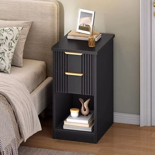FORGEVIO Slim Narrow 2 Drawer Bedside Cabinet in Black and Gold, W: 48 cm, D: 30 cm, H: 60 cm – 1