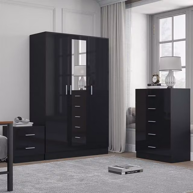 REFLECT Bedroom Furniture Bundle with 3-Door Mirror Wardrobe, Chest of Drawers and Bedside Table in Black Gloss and Matt Black