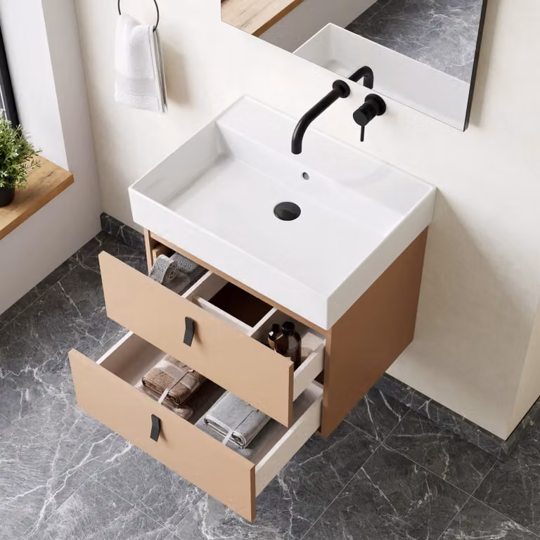 Banyetti Invicta 600mm Wall Hung Vanity with Veneto No Tap Hole Basin, Cashmere in Nude