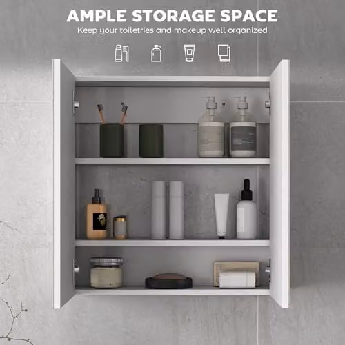 HOMCOM White Wall Mounted Bathroom Mirror Cabinet with Hinged Doors and Internal Shelves, W: 60 cm, H: 60 cm, D: 15 cm – 3