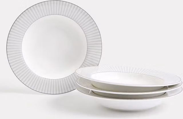 M&S Set of 4 Hampton Bone China Pasta Bowls in Grey Mix Striped