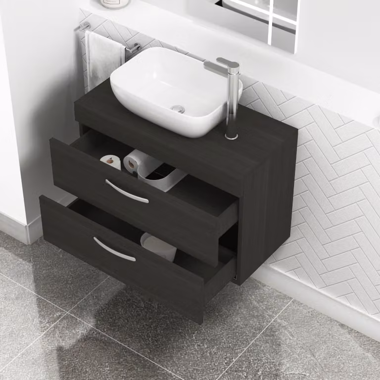 Royal Bathrooms 800mm Wall Hung Vanity Unit with 2 Drawers in Charcoal Oak and Elva Countertop Basin
