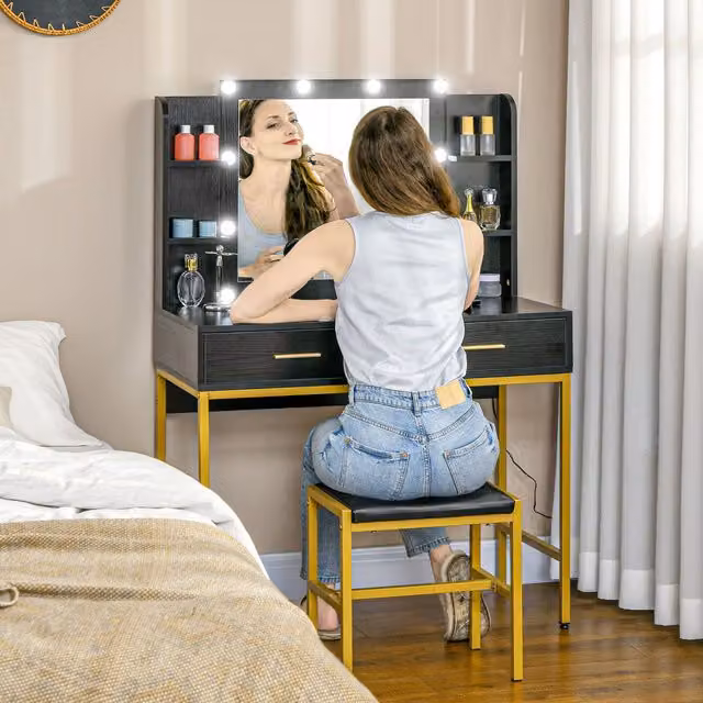 HOMCOM Makeup Vanity Desk Set with Hollywood LED Lighted Mirror, Stool and Drawers, Black, H 132.5 x W 90.0 cm