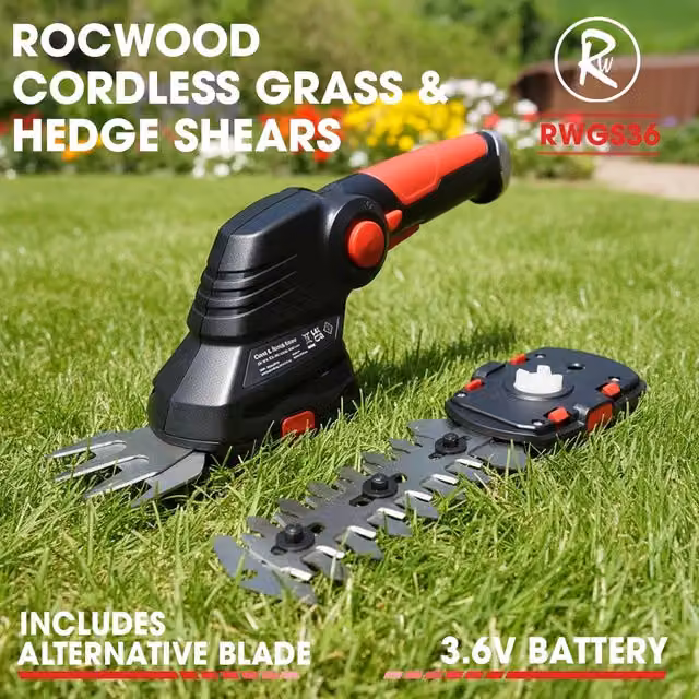 RocwooD 3.6V 2-in-1 Cordless Grass Shears with Rechargeable Battery, Black