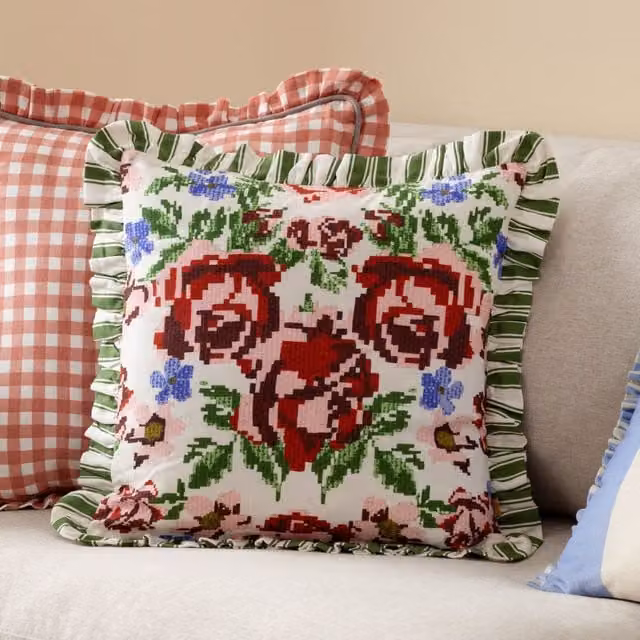 furn. Feeoni Ruffle Floral Cotton Decorative Cushion in Willow Green, Multicolour, W/D/H: 43 x 43 x 43 cm – 1