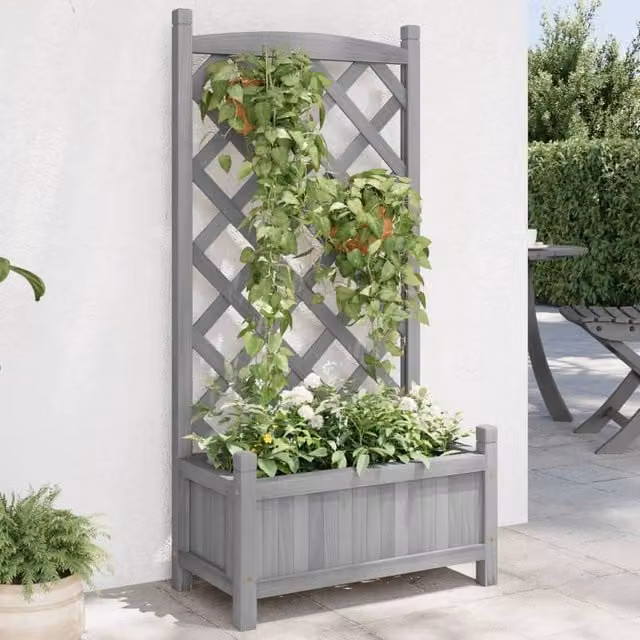 Berkfield Home Grey Solid Wood Fir Planter with Trellis – 1