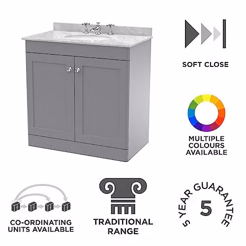 nuie Classique CLC226GR3 Floor Standing 2 Door Bathroom Vanity Unit with 3 Tap Hole Marble Worktop and Round Basin in Satin Grey – 2