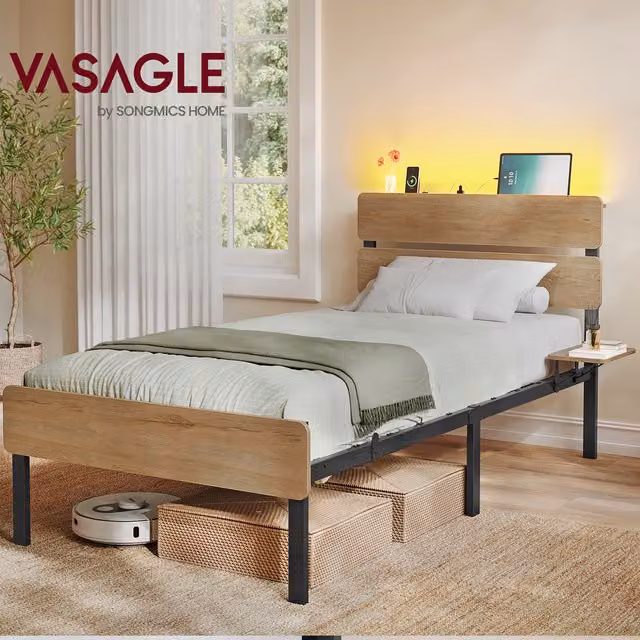 VASAGLE Single Metal Bed Frame in Brown with LED Under-Bed Lighting and USB Charging Port, W/D/H: 90 x 190 cm