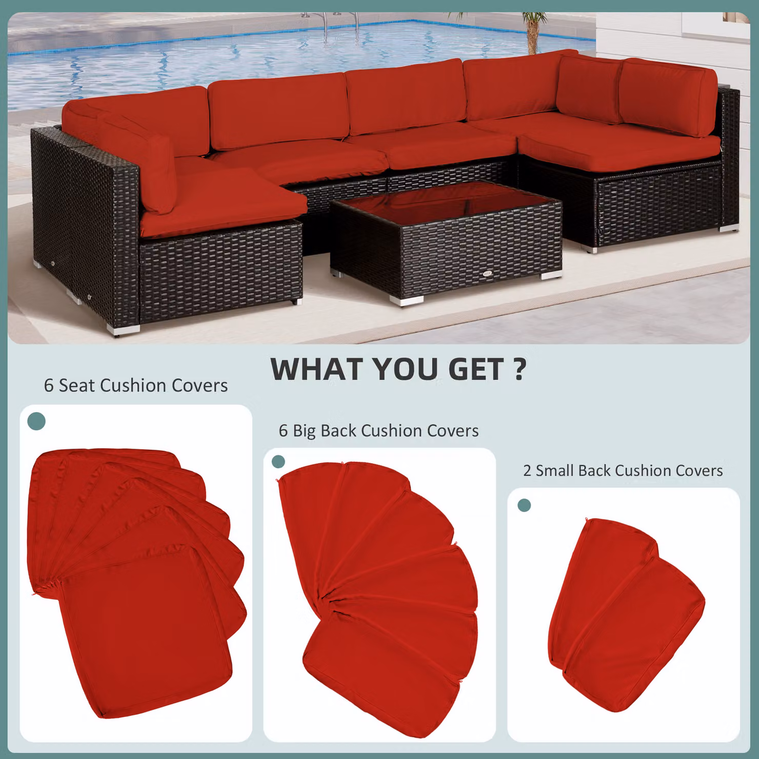 Outsunny Set of 14 Red Rectangular Outdoor Cushion Covers in Washable Polyester – 3