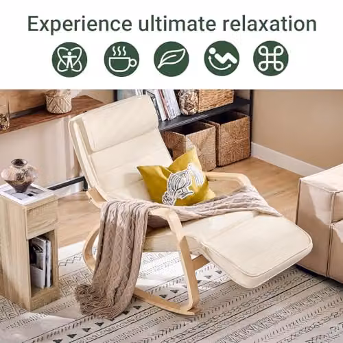 SoBuy Modern Relaxing Rocking Chair with Adjustable Headrest and Footrest in Beige and White – 4