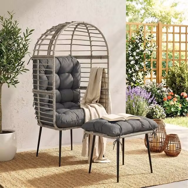 Outsunny Modern Rattan Standing Egg Chair with Footstool and Cushion in Grey