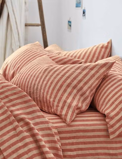 Piglet In Bed 2 Pack Pembroke Linen Rich Striped Pillowcases in Red Mix