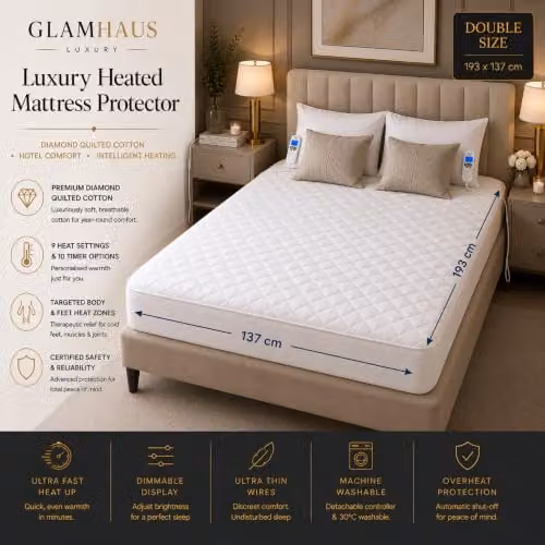 GlamHaus Double Electric Blanket Fitted Mattress Cover in White, Cotton, W/D/H: 140 x 200 cm – 2