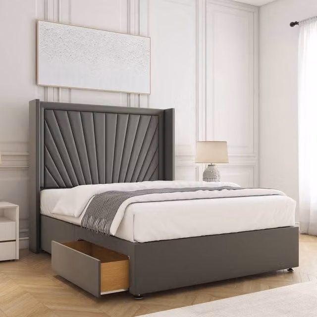 BSSPOKE Alina King Size Divan Bed with 2 Drawers, Plush Velvet Upholstered Headboard and Mattress in Grey, W/D/H: 180 x 200 cm
