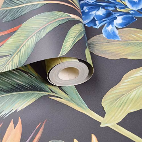 YöL Botanical Floral Wallpaper in Multicolour Anthracite, Green, Blue and Orange – 2