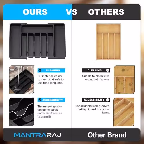 MantraRaj Expandable Plastic Cutlery Drawer Organiser and Kitchen Utensil Tray in Black – 7