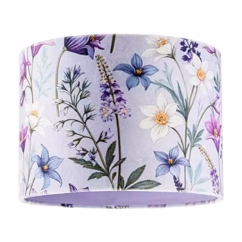 Happy Homewares Lavender Velvet Lamp Shade with Blue, Purple and White Flowers, W: 18 cm, H: 25 cm
