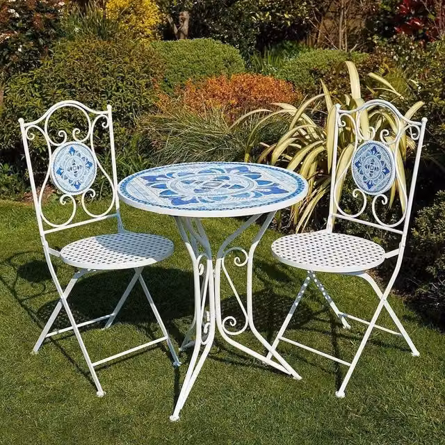 SPETLEK 3 Piece White Mosaic Bistro Set with Round Ceramic Table and Metal Chairs – 1