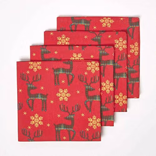 Homescapes Red and Gold Christmas Napkin Set with Reindeer Graphic, Set of 4, 45 x 45 cm