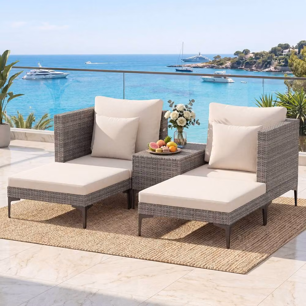 Costway 5-Piece Grey Polyrattan Patio Conversation Set with Upholstered Cushions and Side Table – 2