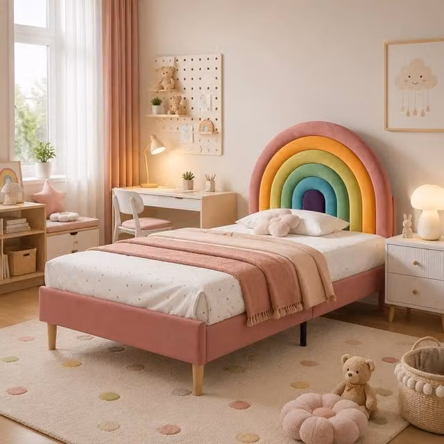 Direct Wicker Pink Velvet Upholstered Single Bed with Slatted Frame and Headboard, W/D/H: 90 x 200 cm – 1