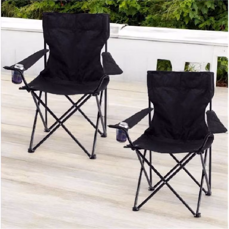 FORGEVIO Black 2-Pack Folding Camping Chairs with Armrests and UV-Resistant Polyester Fabric
