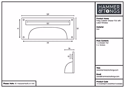 Hammer and Tongs Iron Filing Cabinet Drawer Handle with Card Frame in Black and Gold – 2
