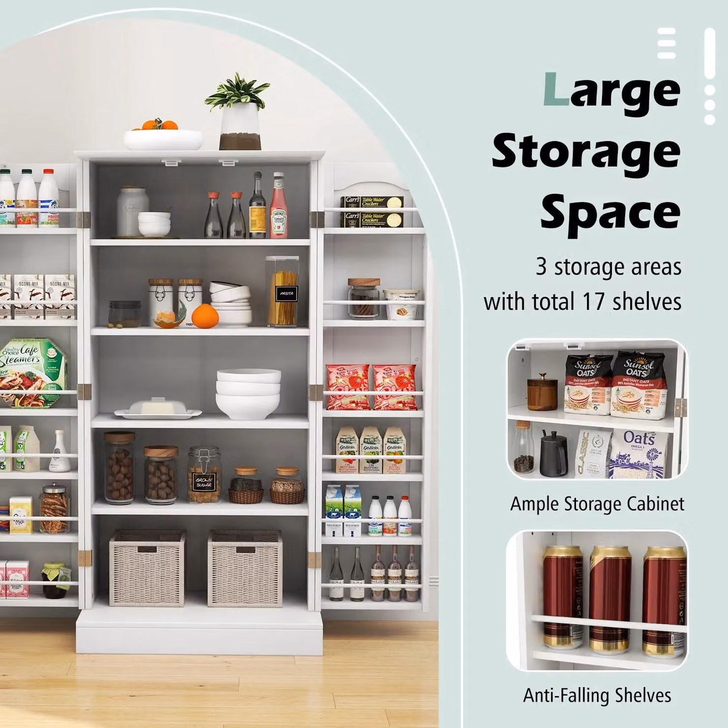 Gymax White Minimalist Kitchen Pantry Cabinet with Adjustable Internal Shelves and Two Hinged Doors – 2