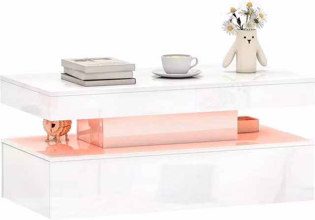 ERGOVEXA Modern White Glossy LED Coffee Table with Storage and Lift Mechanism