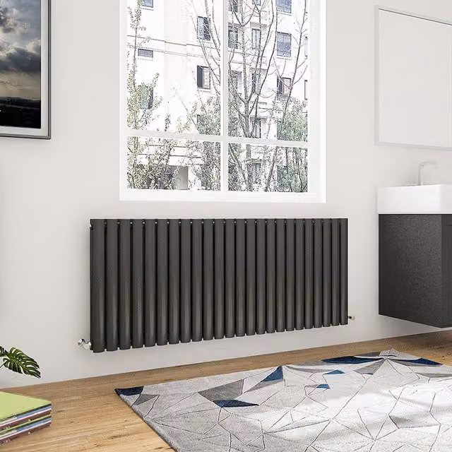 AicaBathroom Horizontal Oval Column Radiator in Black Steel, W: 141.6 cm, H: 60 cm