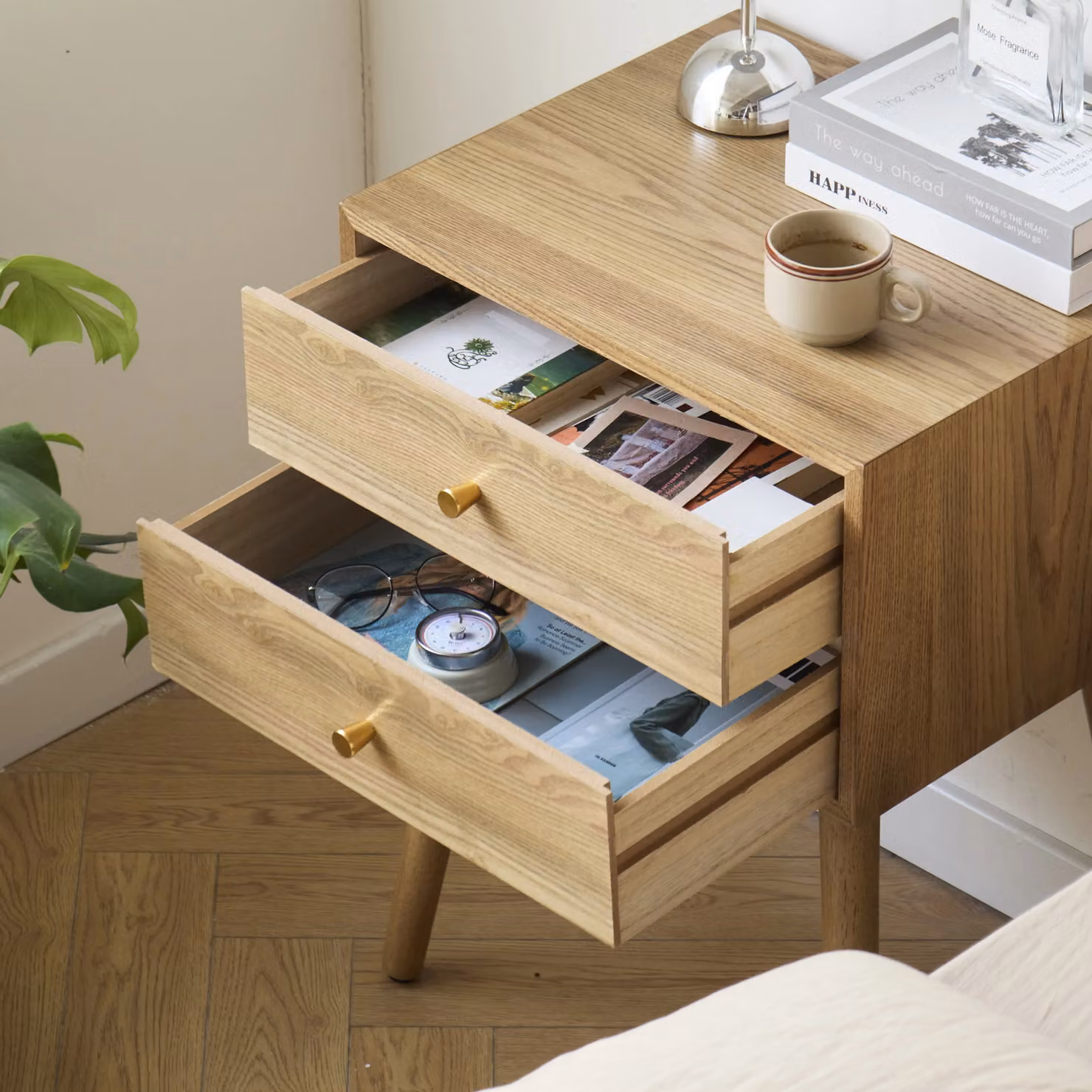 Nordlys Scandinavian Style Bedside Table with 2 Drawers in Brown Beech Wood – 3