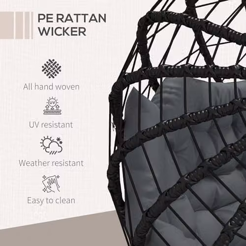Outsunny 2 Seater Outdoor PE Rattan Swing Chair with Thick Padded Cushions in Black – 5
