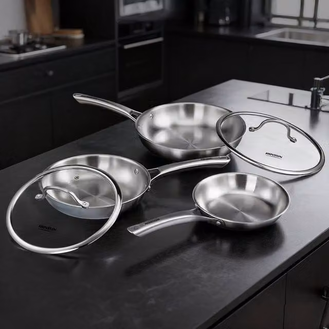 EONLION 3-Piece Stainless Steel Frying Pan Set with Lids in Silver