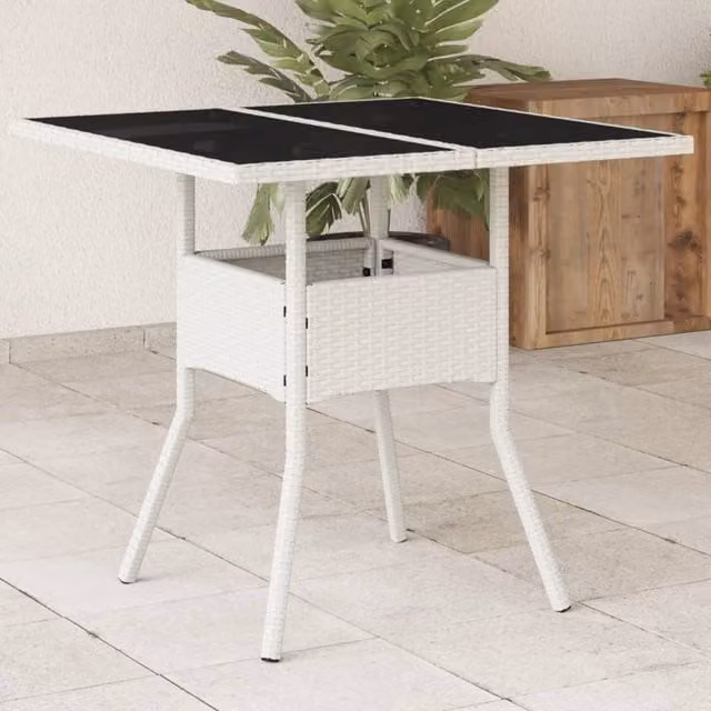 Berkfield Home White Poly Rattan Garden Table with Glass Top, W/D/H: 80 x 80 x 75 cm – 1