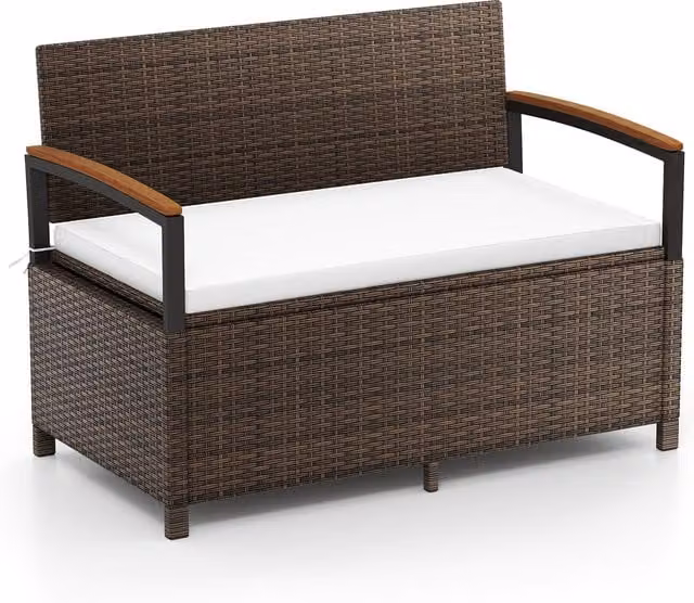 COSTWAY White Polyrattan Outdoor Storage Bench with Cushions and Armrests