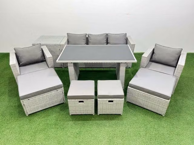 Fimous Modern Patio Garden Furniture Set with Black Glass Top Dining Table and Light Grey Armchairs