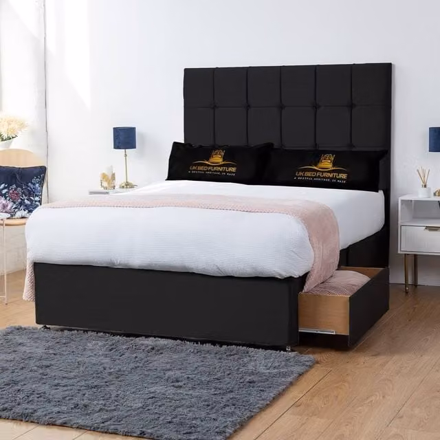UK Bed Furniture Florence Divan Bed with 2 Drawers and 26 Inch Headboard in Black, King Size, W/D/H: 180 x 200 cm – 1