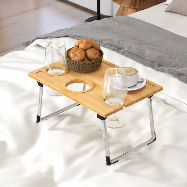 HOMCOM Foldable Bamboo Wine Picnic Table in Natural Brown and Yellow