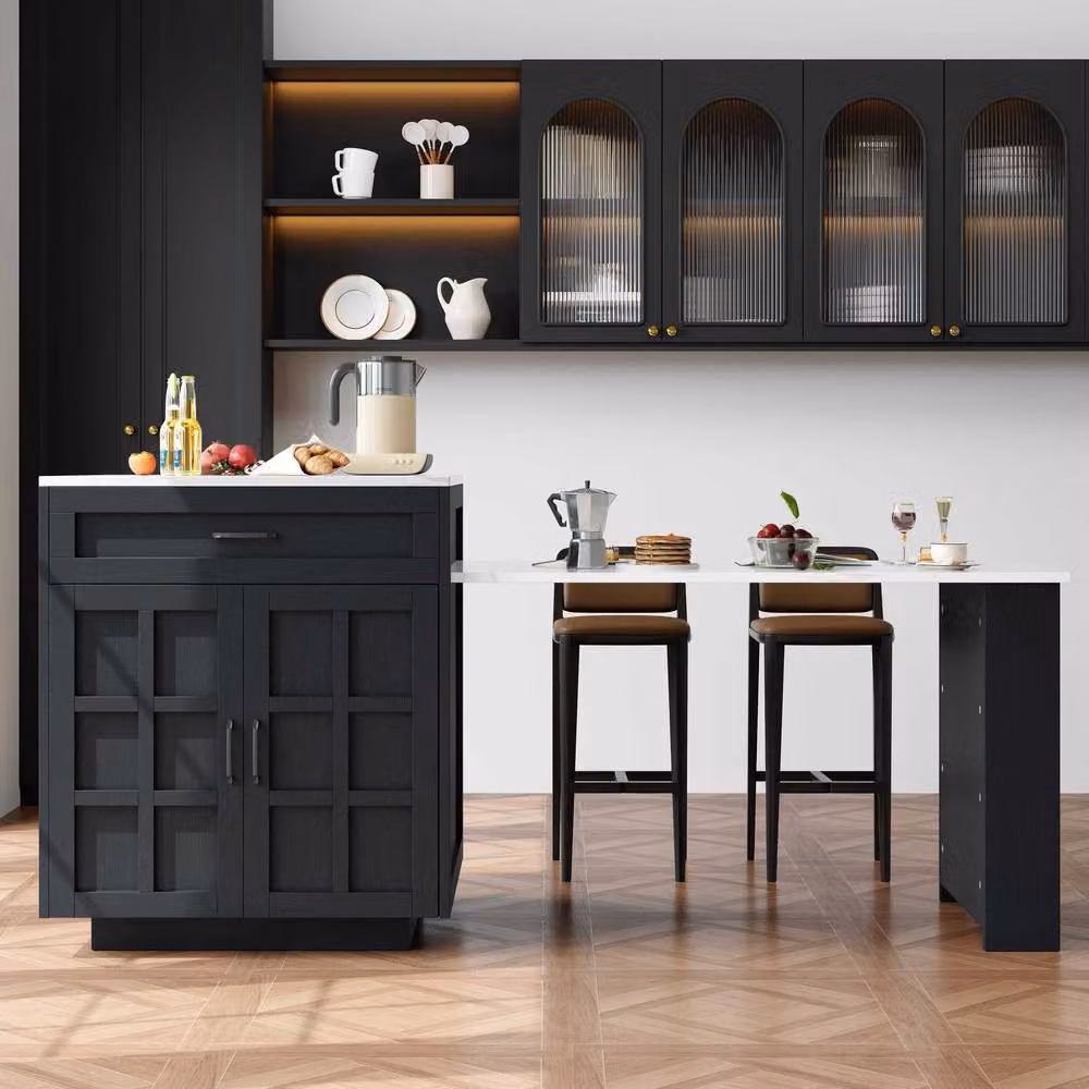 BTM Extendable Bar Table with Two Drawers and Side Shelves in Black – 4