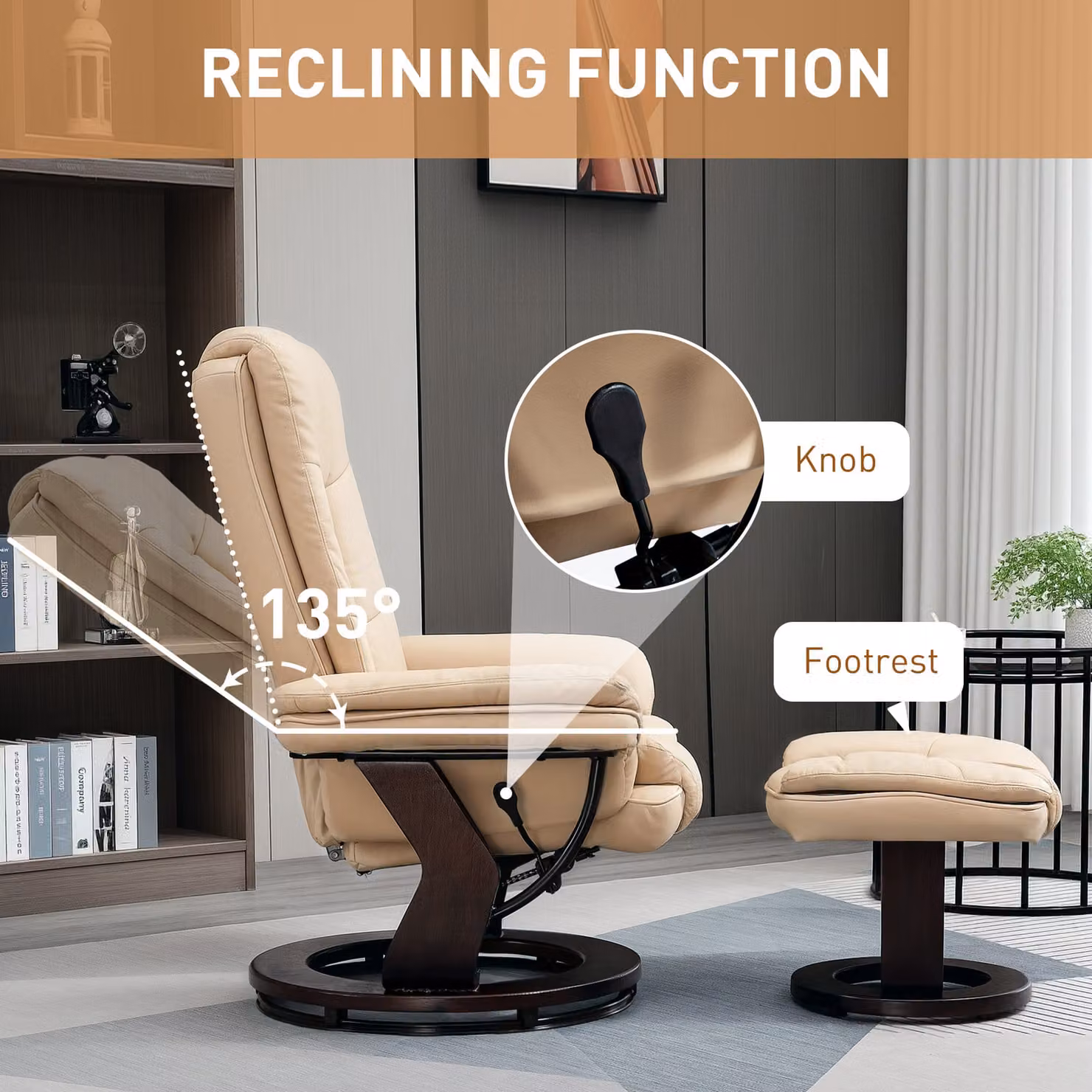 HOMCOM Reclining Lounge Chair with Footstool in Beige Faux Leather – 4