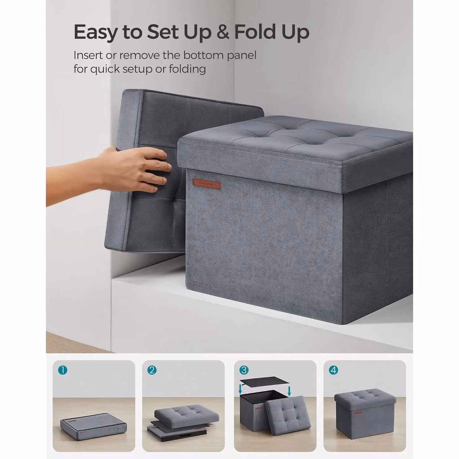 SONGMICS Compact Rectangular Foldable Storage Ottoman Foot Rest in Grey Velvet Fabric – 4