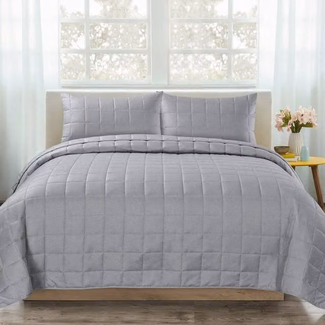 Velosso Nolan Plain Quilted Bedspread Set in Grey, Double Size