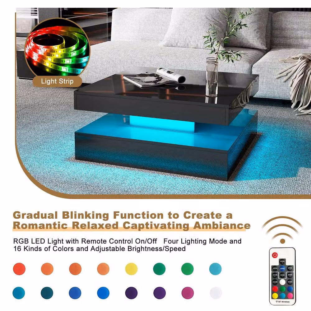 KEEPREAPER Modern Square Coffee Table with Storage and LED Light in Black, W/D/H: 78 x 40 x 78 cm – 4