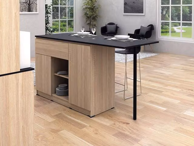 Vente-unique Modern Kitchen Island with 2 Doors, 1 Drawer, and 2 Recesses in Black and White, W/D/H: 169.8 x 70.0 x 90.5 cm – 1