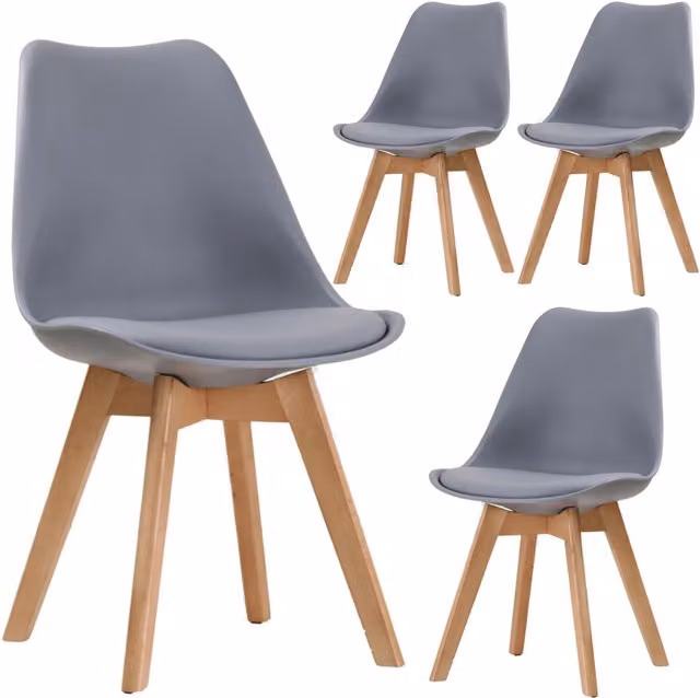 Set of 4 Novecrafto Mid-Century Modern Dining Chairs in Grey Fabric and Synthetic Leather with Wood Legs
