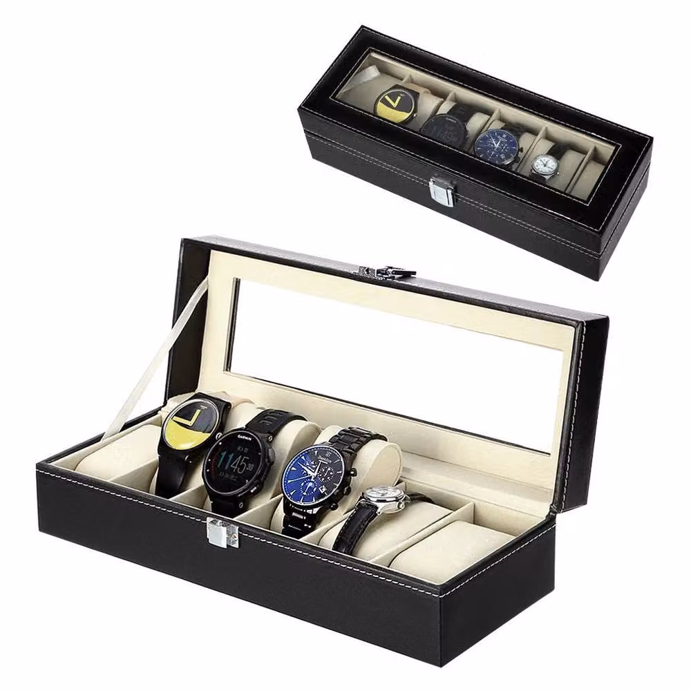 FORGEVIO Black Faux Leather 6 Grid Watch and Jewellery Storage Box, W: 50 cm – 5