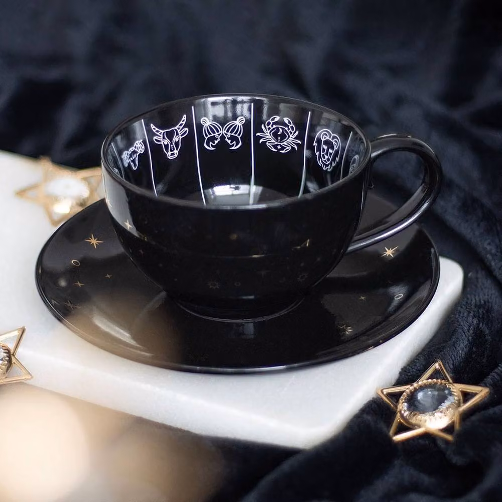 Uniqueful Astrology Fortune Telling Ceramic Teacup with Saucer in Black, White and Gold, 550ml – 2