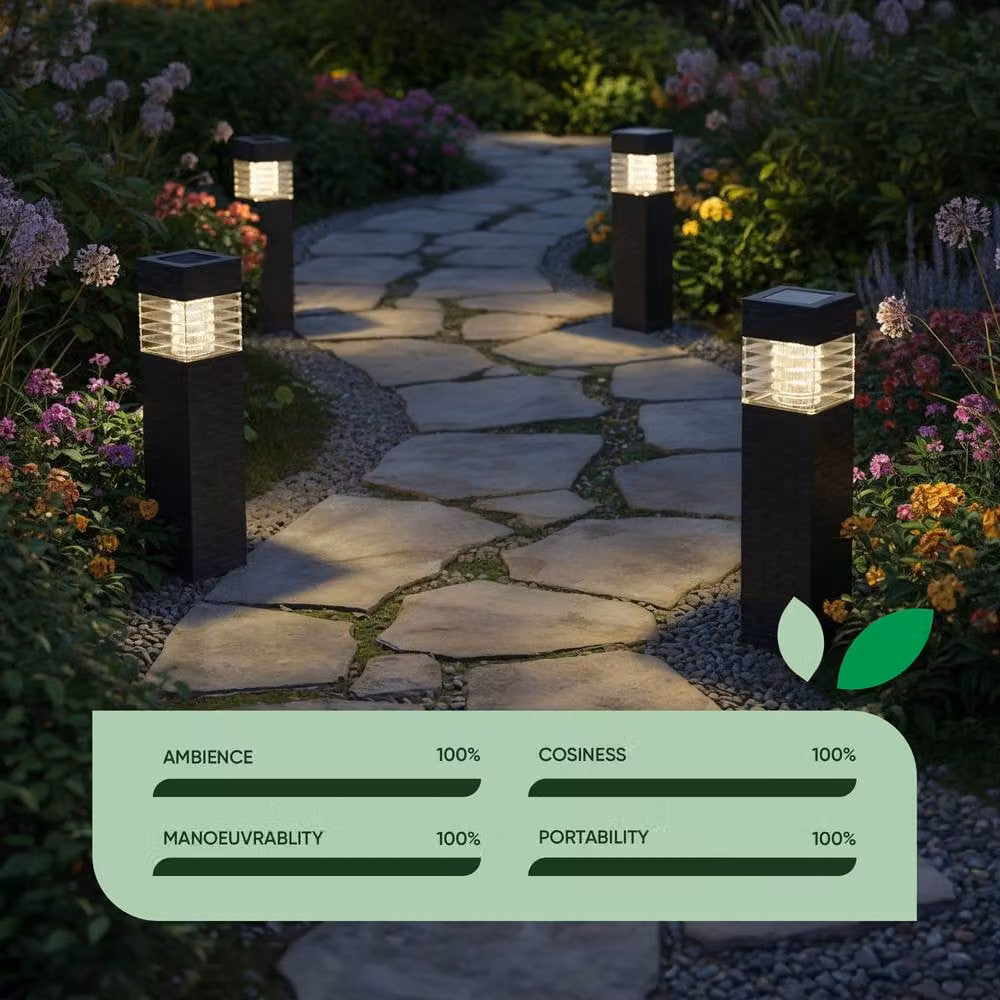 Gardenwize Pack of 4 Rattan Style Solar LED Garden Path Lights in Black with Warm White Light – 4